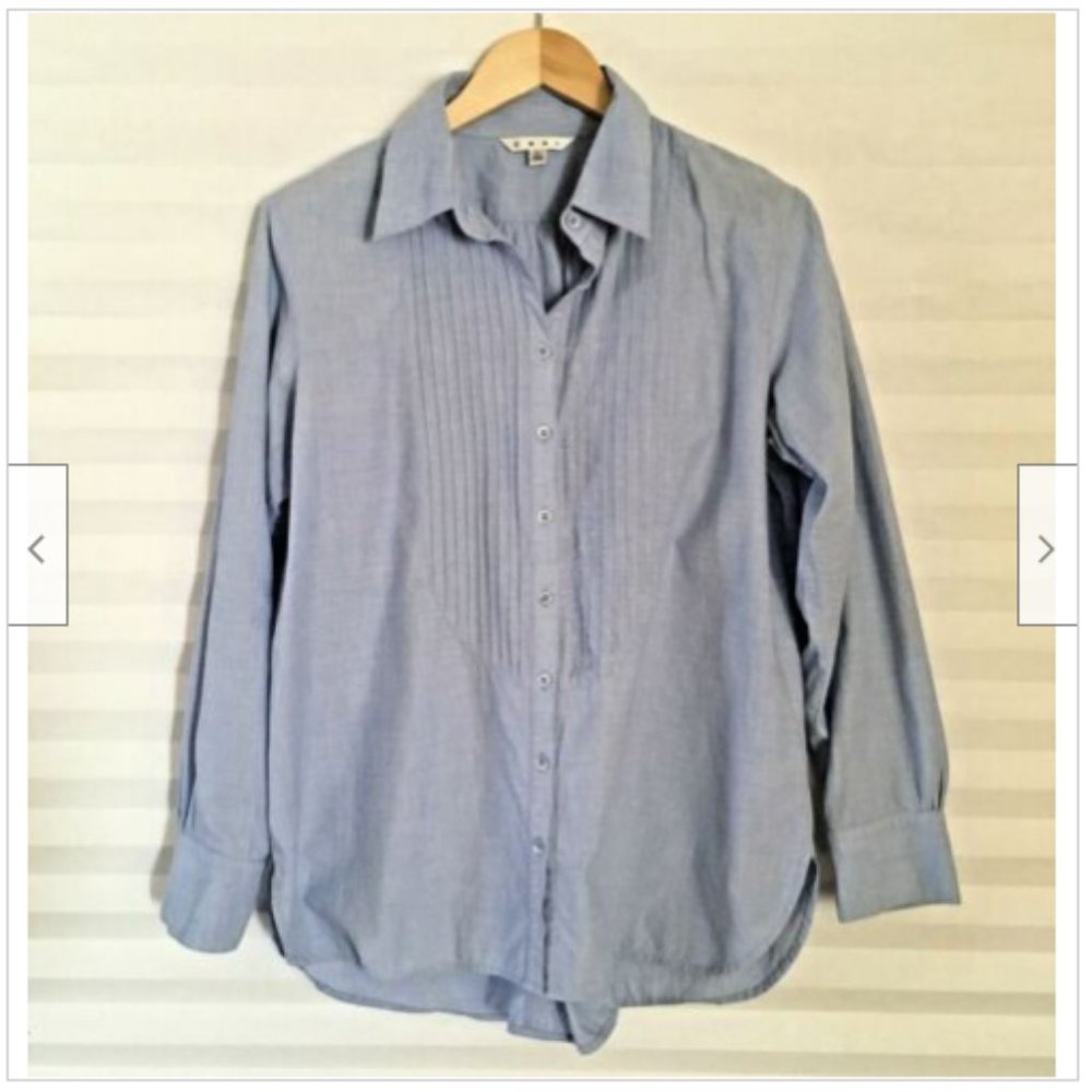 Cabi Shirt Blouse Size L Hi Lo Long‎ Sleeve Cotton Pintucked Pleats Blue